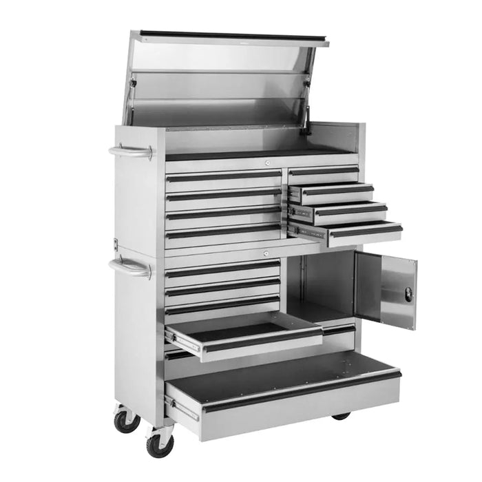 Pro Series 41” Stainless Steel Tool Chest Cabinet – 14 Drawers, Top Lid, and Caster Wheels, TMG-SC4114