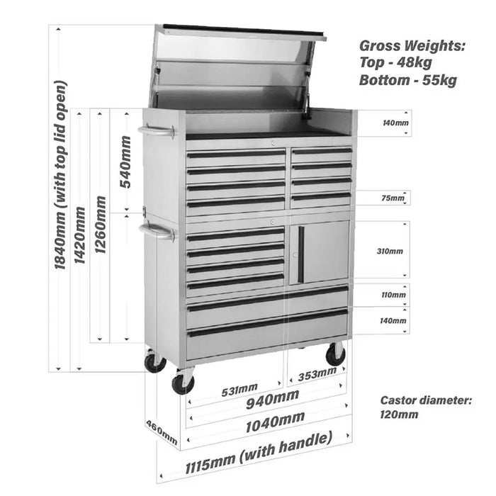 Pro Series 41” Stainless Steel Tool Chest Cabinet – 14 Drawers, Top Lid, and Caster Wheels, TMG-SC4114