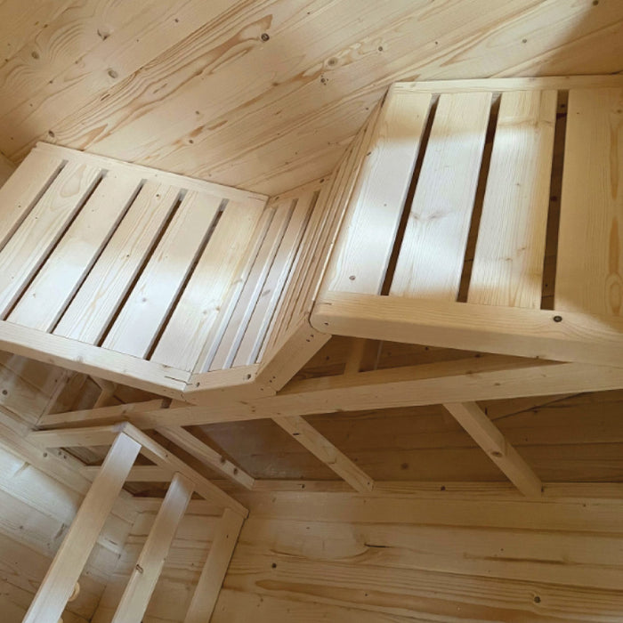 TMG-LSN52 rustic cedar outdoor sauna with 4-person square design, two benches, tempered glass door, and electric stove heating