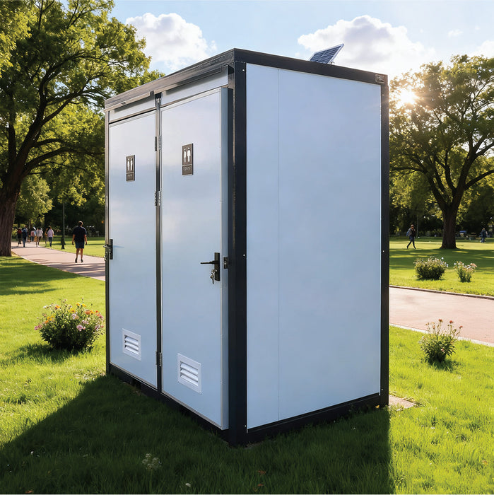 TMG-FTD07 7ft portable restroom with two private stalls, ceramic toilets, triangular sinks, and solar exhaust fan in durable steel frame