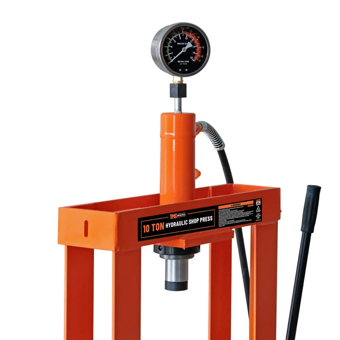 TMG Industrial 10 Ton Capacity Hydraulic Shop Press, Long Lever Manual Operation, 3 Bed Height Positions, TMG-ASP10