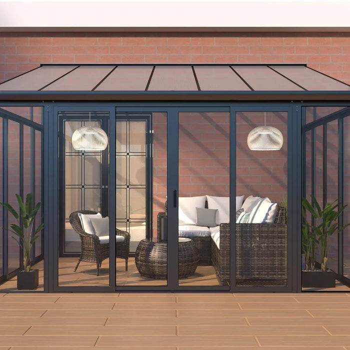 TMG Industrial 10’ x 14’ Winter Garden Lean-To Patio Cover, Twin-Wall PC Roof Sheets, Crystal-Clear PC Walls/Doors, TMG-LPC14