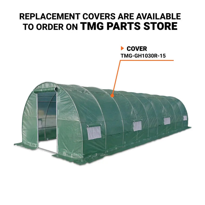 TMG Industrial 10’ x 30’ Tunnel Greenhouse Grow Tent w/Ripstop Leno Cover, Cold Frame, Roll-Up Mesh Windows, Round Top Roof, TMG-GH1030R