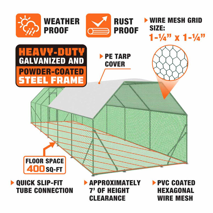 TMG Industrial 10’ x 40’ Wire Mesh Chicken Run Shelter Coop, Galvanized Steel, 400 Sq-Ft, Lockable Gate, PVC Coated Mesh, TMG-CRS1040