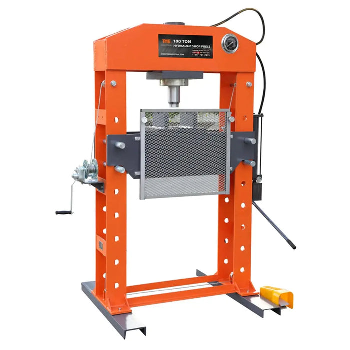 TMG Industrial 100 Ton Capacity Hydraulic Shop Press, Heavy Duty Pressing, Protective Grid Guard, Fully Welded H-Frame, Air & Manual Dual Operation, TMG-SP100