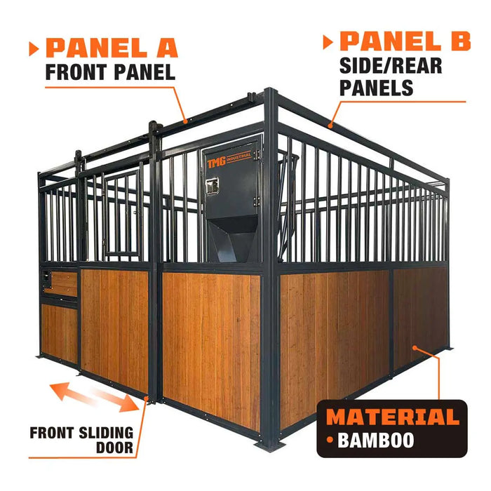 TMG Industrial 12’ Horse Stall Bamboo Panel, Vertical Bar Top, Front panel c/w Window/Feeder and Sliding Door, TMG-FHS13A and FHS13B