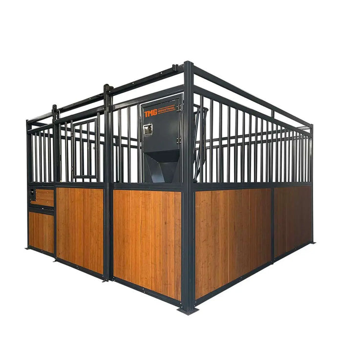 TMG Industrial 12’ Horse Stall Bamboo Panel, Vertical Bar Top, Front panel c/w Window/Feeder and Sliding Door, TMG-FHS13A and FHS13B