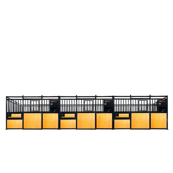 TMG Industrial 12’ Horse Stall Pine Lumber Panel, Vertical Bar Top & Wood-Filled Bottom, Front panel c/w Window/Feeder and Sliding Door, TMG-FHS12A and FHS12B