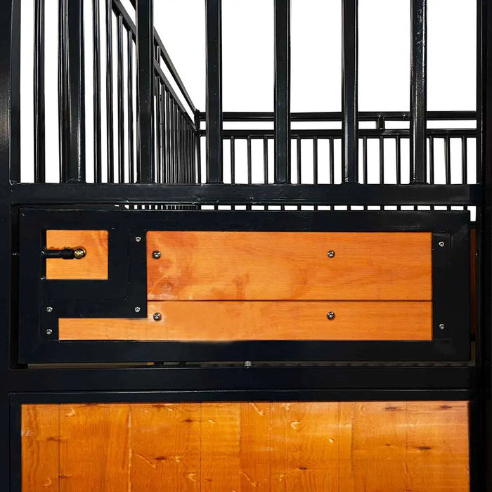 TMG Industrial 12’ Horse Stall Pine Lumber Panel, Vertical Bar Top & Wood-Filled Bottom, Front panel c/w Window/Feeder and Sliding Door, TMG-FHS12A and FHS12B