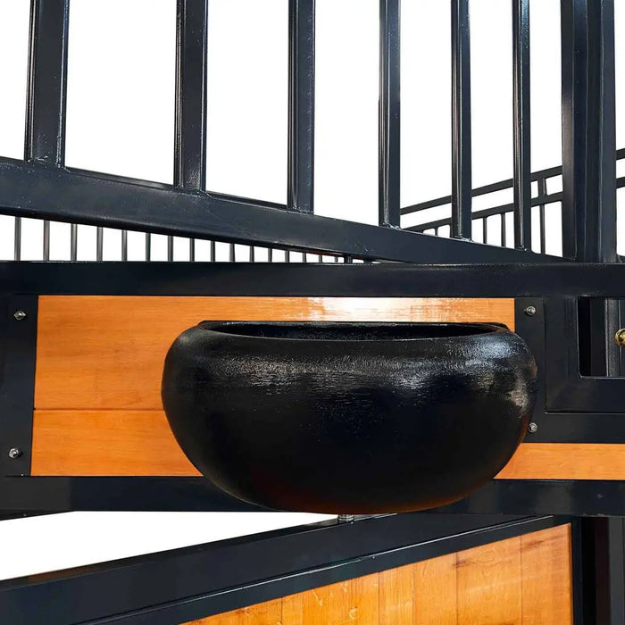 TMG Industrial 12’ Horse Stall Pine Lumber Panel, Vertical Bar Top & Wood-Filled Bottom, Front panel c/w Window/Feeder and Sliding Door, TMG-FHS12A and FHS12B