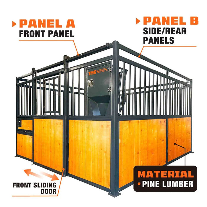 TMG Industrial 12’ Horse Stall Pine Lumber Panel, Vertical Bar Top & Wood-Filled Bottom, Front panel c/w Window/Feeder and Sliding Door, TMG-FHS12A and FHS12B