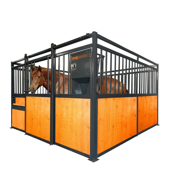 TMG Industrial 12’ Horse Stall Pine Lumber Panel, Vertical Bar Top & Wood-Filled Bottom, Front panel c/w Window/Feeder and Sliding Door, TMG-FHS12A and FHS12B