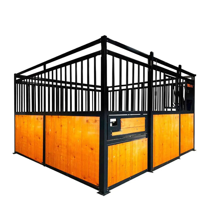 TMG Industrial 12’ Horse Stall Pine Lumber Panel, Vertical Bar Top & Wood-Filled Bottom, Front panel c/w Window/Feeder and Sliding Door, TMG-FHS12A and FHS12B