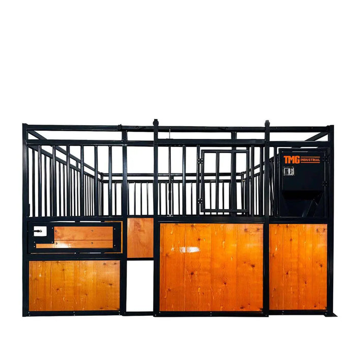 TMG Industrial 12’ Horse Stall Pine Lumber Panel, Vertical Bar Top & Wood-Filled Bottom, Front panel c/w Window/Feeder and Sliding Door, TMG-FHS12A and FHS12B