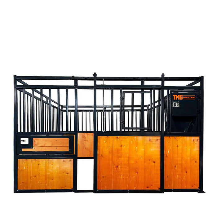TMG Industrial 12’ Horse Stall Pine Lumber Panel, Vertical Bar Top & Wood-Filled Bottom, Front panel c/w Window/Feeder and Sliding Door, TMG-FHS12A and FHS12B