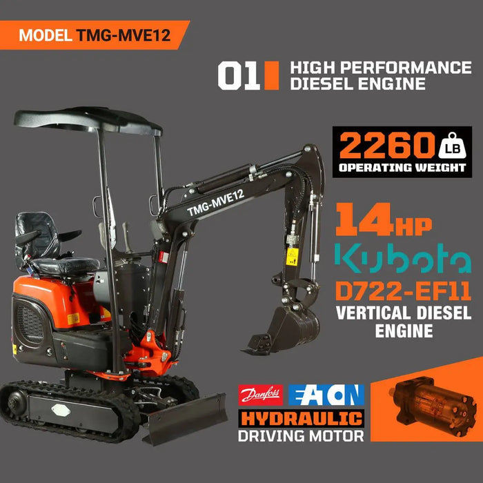 TMG Industrial 1200 KG Mini Compact Excavator, 14 HP Kubota Diesel, KDK Pump, Eaton Motor, Zero Tail Overhang, Adjustable Chassis Width, TMG-MVE12