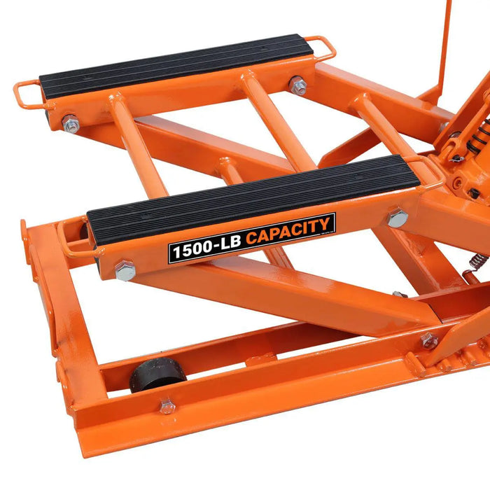 TMG Industrial 1500-lb Motorcycle ATV Jack Lift, 5”-16” Lifting Range, 6 Locking Positions, Swivel Casters, Bottle Jack, TMG-ALM68