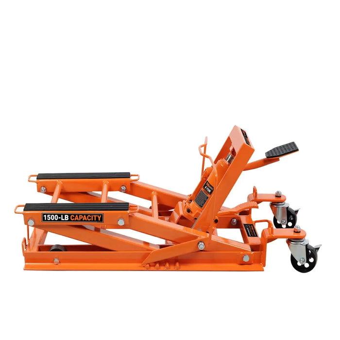 TMG Industrial 1500-lb Motorcycle ATV Jack Lift, 5”-16” Lifting Range, 6 Locking Positions, Swivel Casters, Bottle Jack, TMG-ALM68