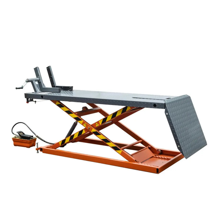 TMG Industrial 1500-lb Portable Motorcycle/ATV Scissor Lift, 48” Work Platform, Side Extensions, Foot Pedal Air Pump, Front-wheel vise grip, TMG-1500PML