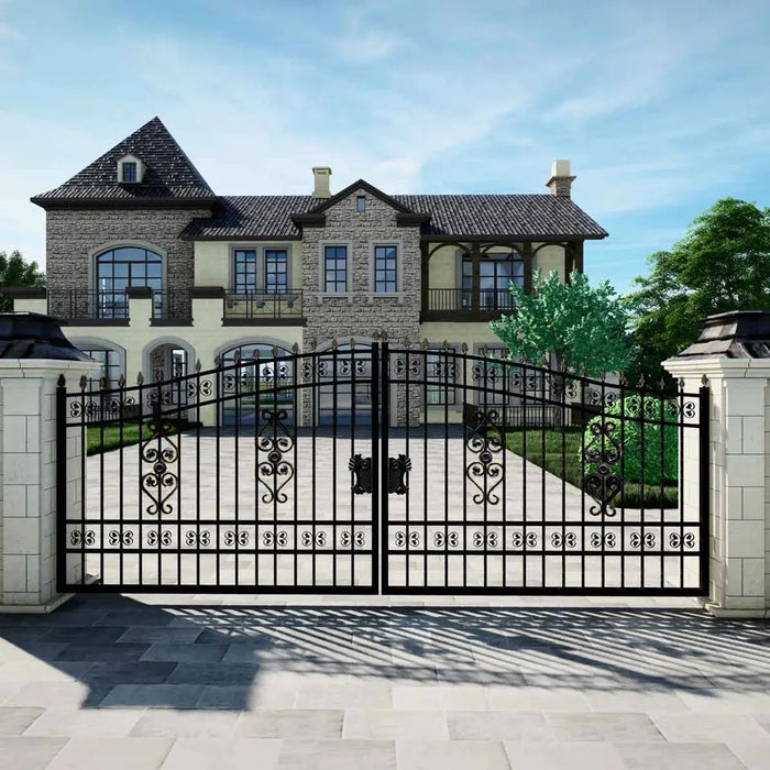 TMG Industrial 16-ft Bi-Parting Deluxe Wrought Iron Ornamental Gate, 100% Solid Forged Steel, Powder Coated, TMG-MG16