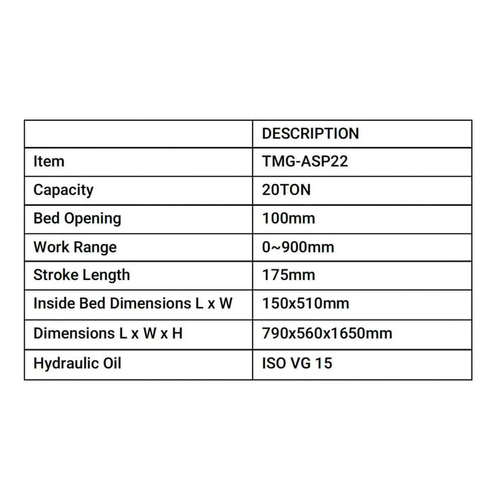 TMG Industrial 20 Ton Capacity Hydraulic Shop Press, Pneumatic & Manual Operation, 10 Bed Height Positions, TMG-ASP22