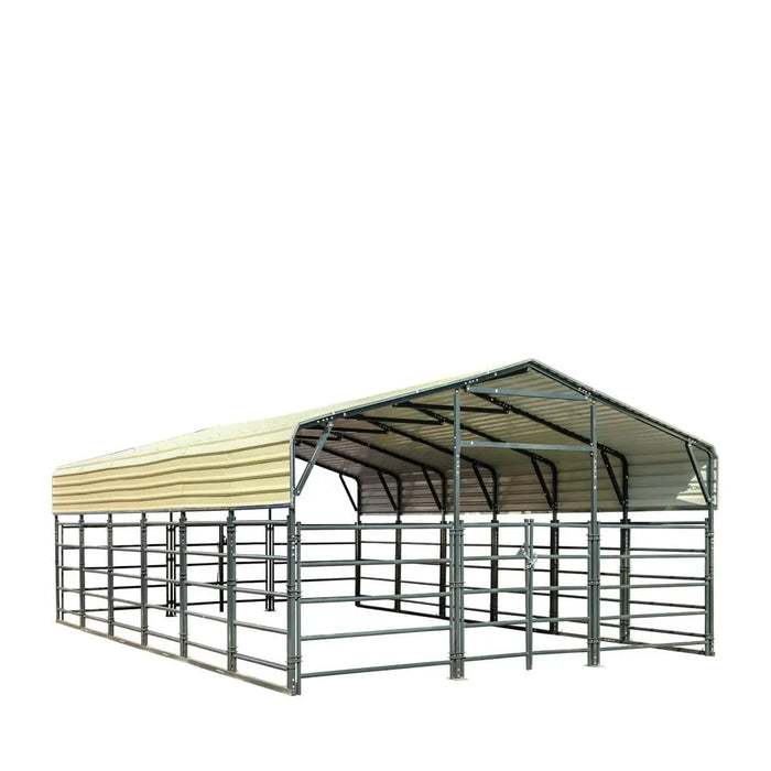 TMG Industrial 20’ x 30’ Livestock Corral Panel Metal Shed, 7’ Sidewall Height, 5’ Corral Panel Height, 600 Sq-Ft, 27 GA Corrugated Panels, TMG-MS2030LC