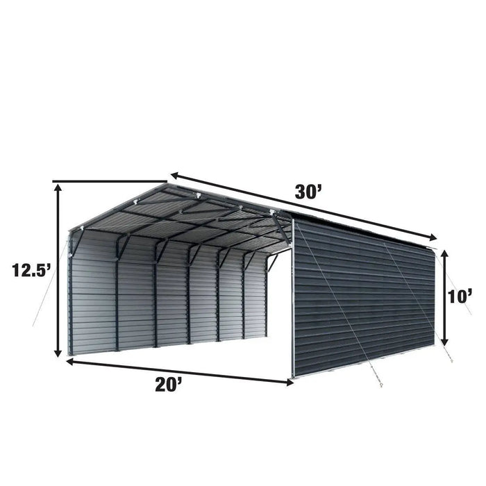 TMG Industrial 20’ x 30’ Metal Shed Carport, 10’ Enclosed Sidewalls, 600 Sq-Ft, 27 GA Corrugated Panels, TMG-MSC2030F