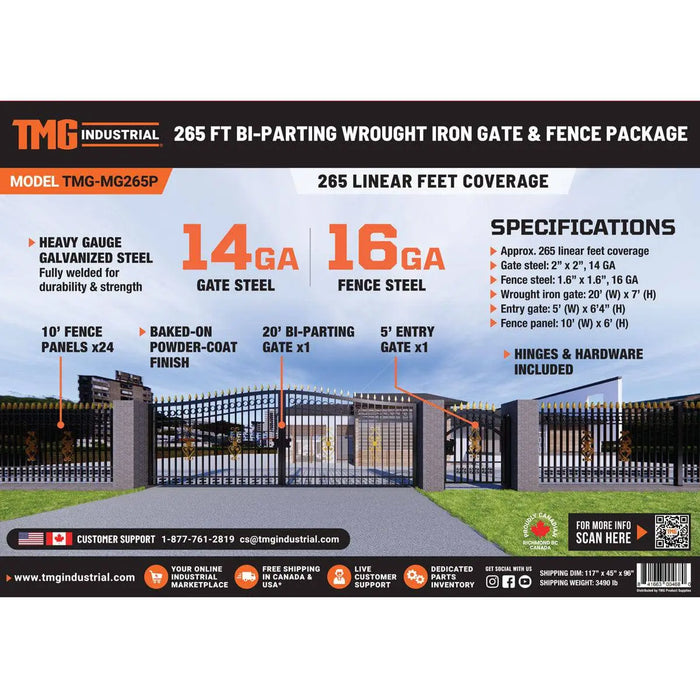 TMG Industrial 265-ft Bi-Parting Ornamental Wrought Iron Gate & Fence Panels Combo Pack, All Steel, Powder Coated, TMG-MG265P