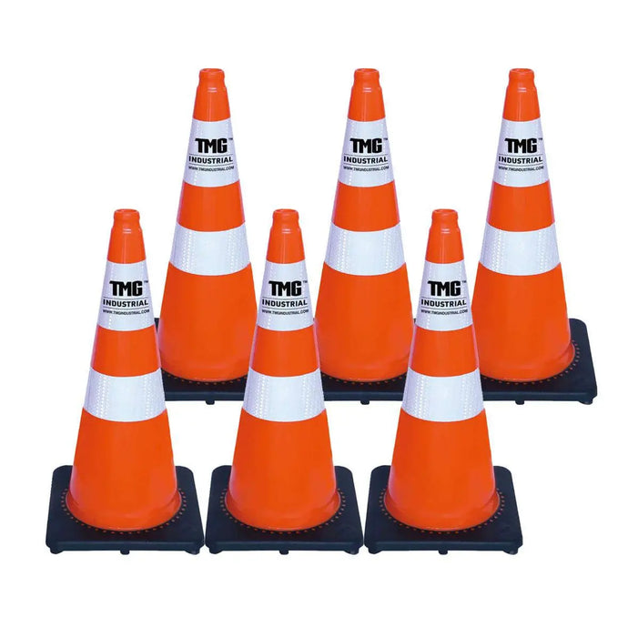 TMG Industrial 29” PVC Reflective Traffic Cones, 6 Cones, 14” Square Base, Hot & Cold Weather, High-Intensity Reflective Bands, TMG-TC29-6