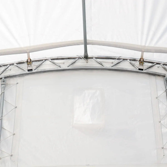 30' x 20' Dual Truss Container Shelter with Heavy Duty 17 oz PVC Cover, Enclosed End Wall & Front Drop, TMG-DT3020CF