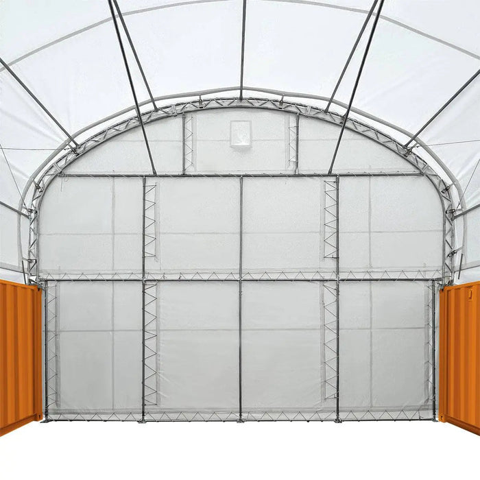 30' x 20' Dual Truss Container Shelter with Heavy Duty 17 oz PVC Cover, Enclosed End Wall & Front Drop, TMG-DT3020CF