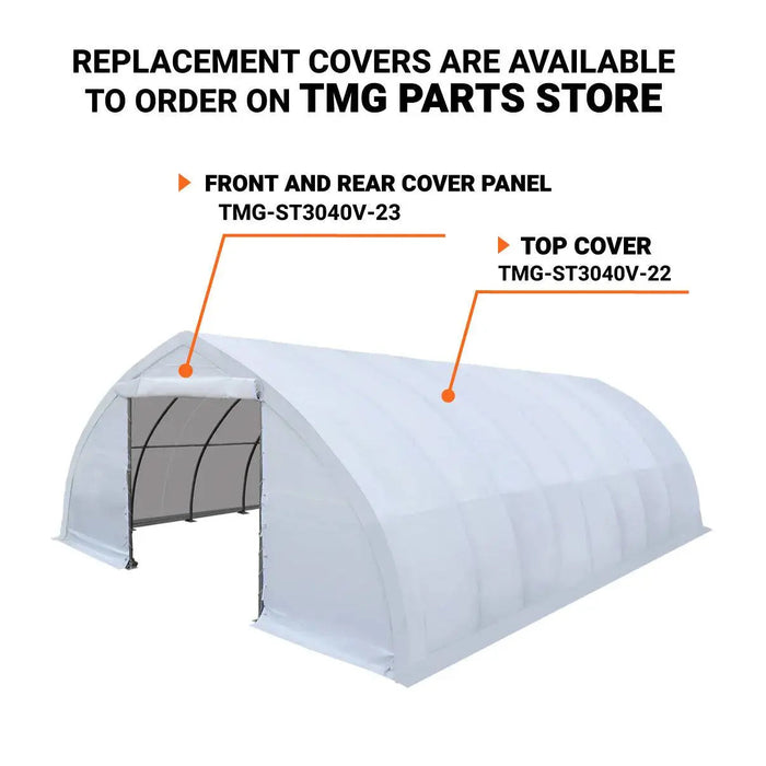 30' x 40' Peak Ceiling Storage Shelter with Heavy Duty 17 oz PVC Cover & Drive Through Doors, TMG-ST3040V