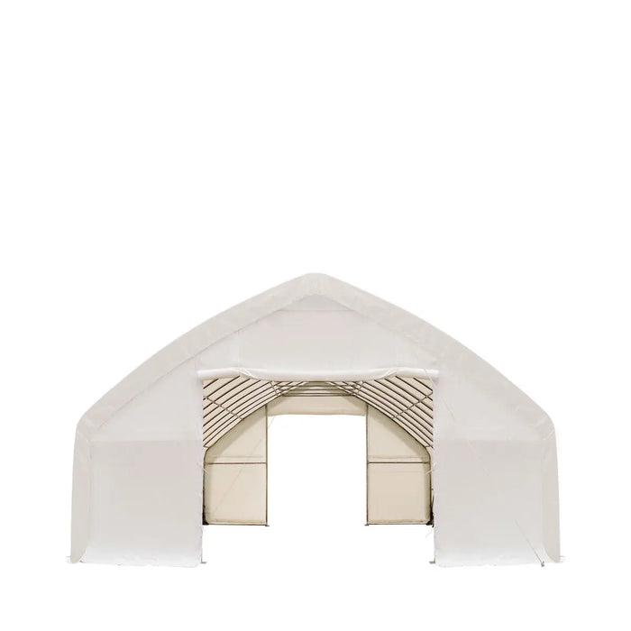 TMG Industrial 30' x 50' Straight Wall Peak Ceiling Storage Shelter with Heavy Duty 17 oz PVC Cover & Drive Through Doors, TMG-ST3050V