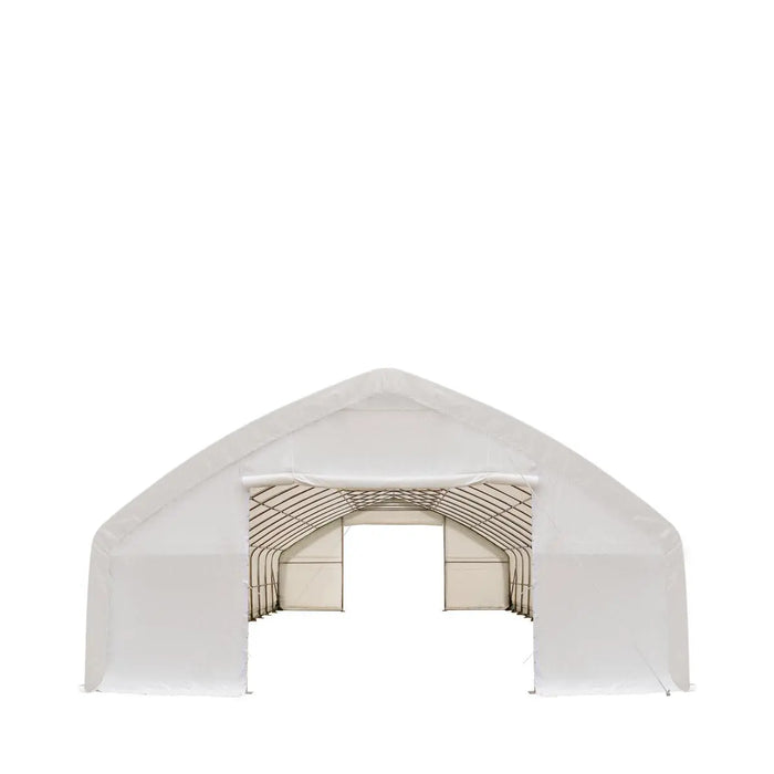 TMG Industrial 30' x 70' Straight Wall Peak Ceiling Storage Shelter with Heavy Duty 17 oz PVC Cover & Drive Through Doors, TMG-ST3070V