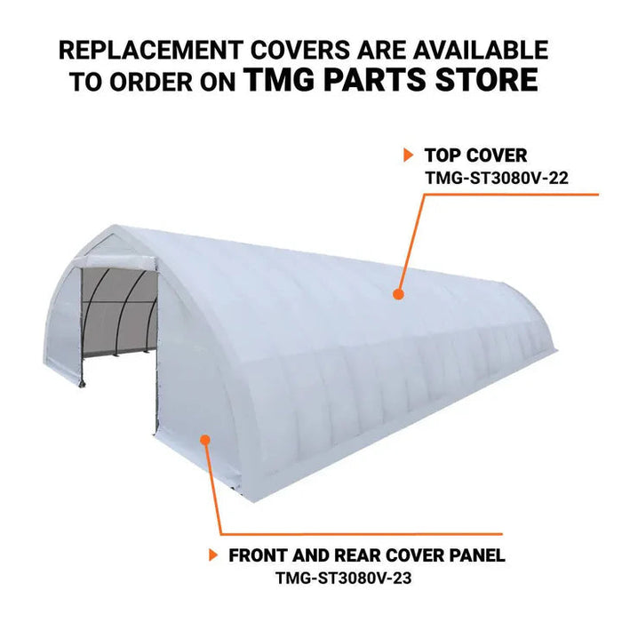 30' x 80' Peak Ceiling Storage Shelter with Heavy Duty 17 oz PVC Cover & Drive Through Doors, TMG-ST3082V (Previously ST3080V) TMG Industrial CA