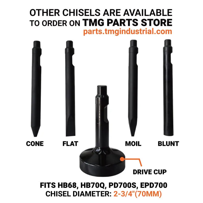 TMG Industrial 4-7 Ton Excavator/Backhoe Hydraulic Breaker, 2-3/4” Moil Point Chisel, 600 J Impact Energy, Pin Grabber Lugging, TMG-HB68