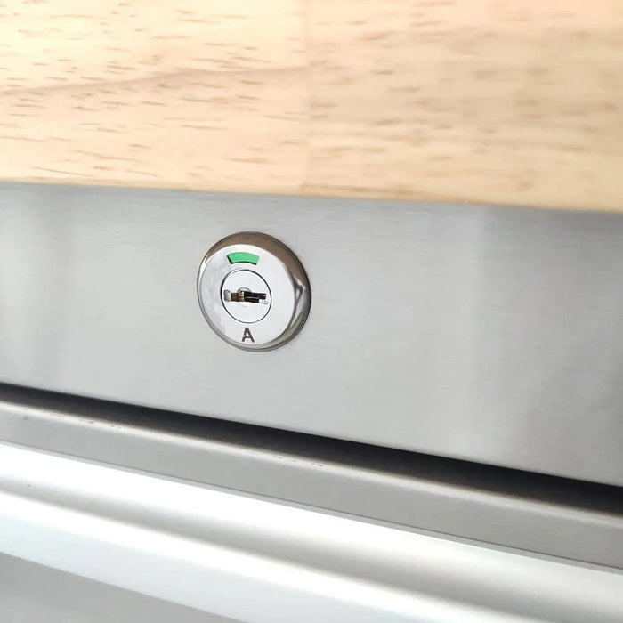 TMG Industrial 48” Stainless Steel Rolling Workbench, Rubberwood Tabletop, Lockable Drawers and Cabinet, Locking Wheels, TMG-WB4804S