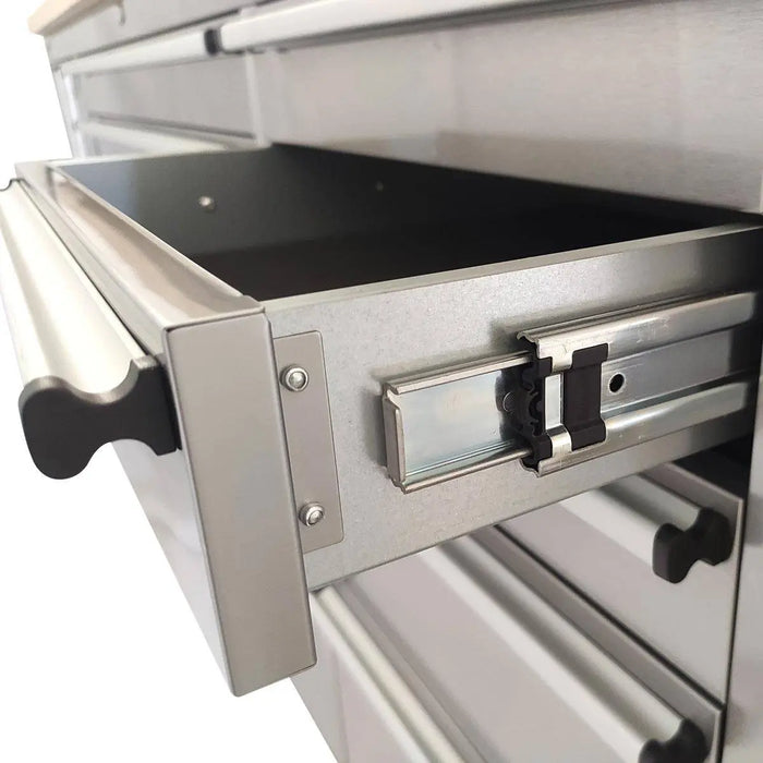 TMG Industrial 48” Stainless Steel Rolling Workbench, Rubberwood Tabletop, Lockable Drawers and Cabinet, Locking Wheels, TMG-WB4804S