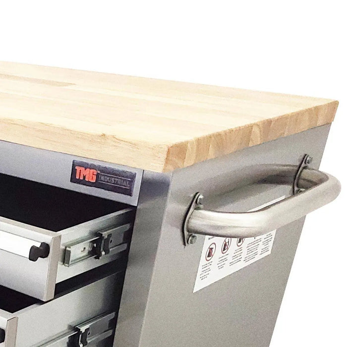 TMG Industrial 48” Stainless Steel Rolling Workbench, Rubberwood Tabletop, Lockable Drawers and Cabinet, Locking Wheels, TMG-WB4804S