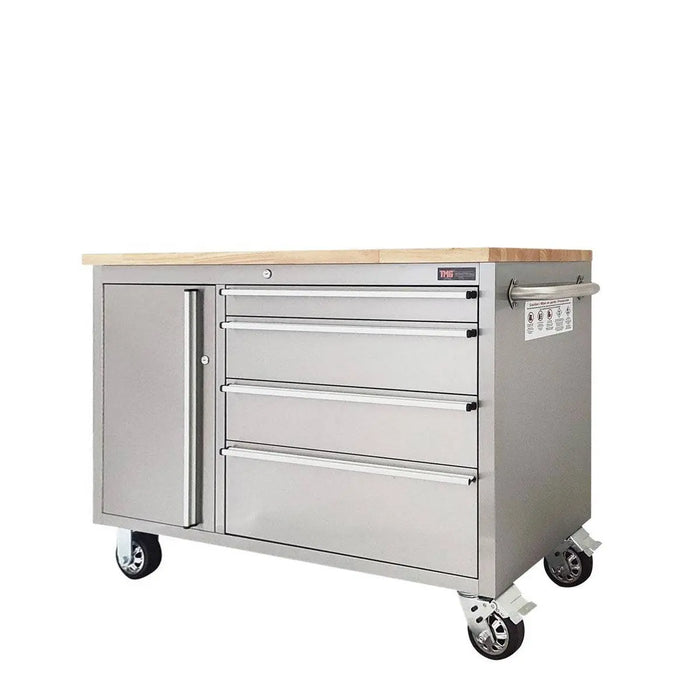 TMG Industrial 48” Stainless Steel Rolling Workbench, Rubberwood Tabletop, Lockable Drawers and Cabinet, Locking Wheels, TMG-WB4804S