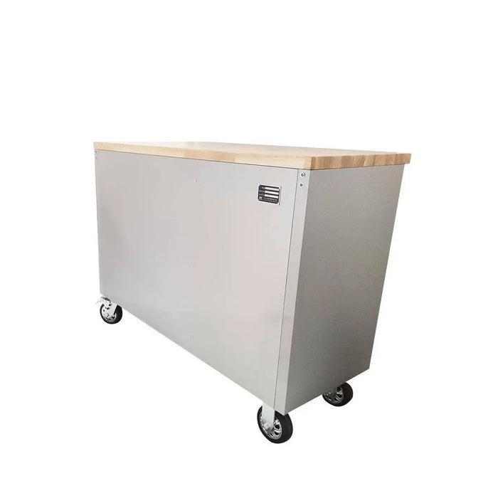 TMG Industrial 48” Stainless Steel Rolling Workbench, Rubberwood Tabletop, Lockable Drawers and Cabinet, Locking Wheels, TMG-WB4804S
