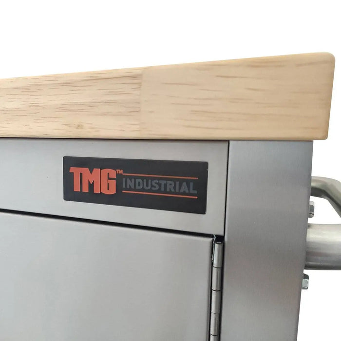 TMG Industrial 55” Stainless Steel Rolling Workbench, Rubberwood Tabletop, Lockable Drawers, Locking Wheels, TMG-WB5510S