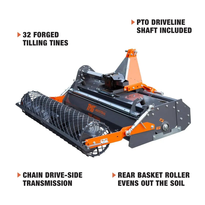 TMG Industrial 65" Stone Burier Rotary Tiller, 3-Point Hitch, Category 1 and 2 Hookup, 35-60 HP Tractors, PTO Shaft Included, 2-1/2" Stone Capacity, TMG-TSB65 (Discontinued)