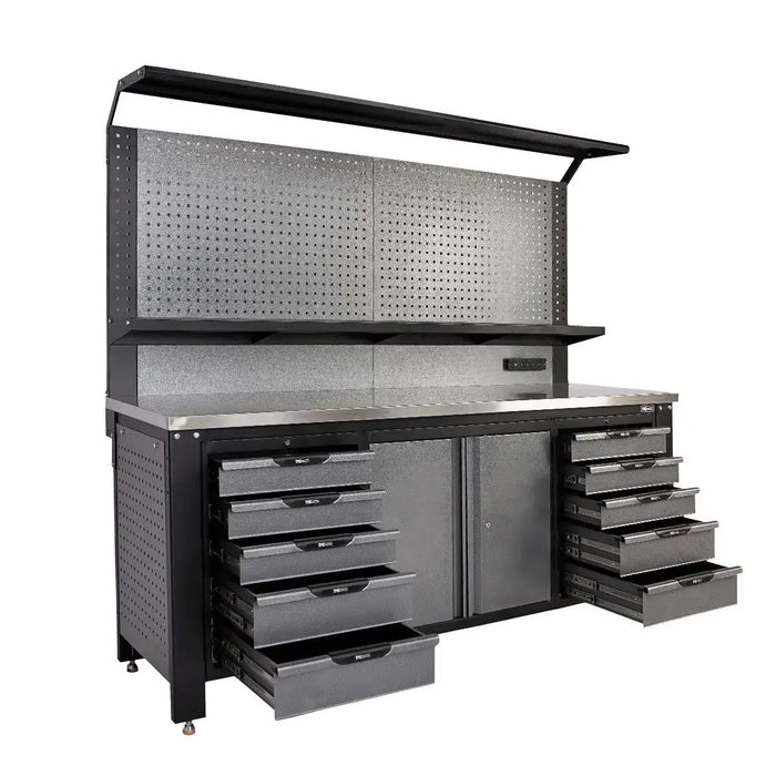 TMG Industrial 7’ Extreme Duty Steel Garage Workbench w/Pegboards, Adjustable Shelving, Power Outlets, USB Port, Magnetic Motion LED Lamps, TMG-WBC07-W