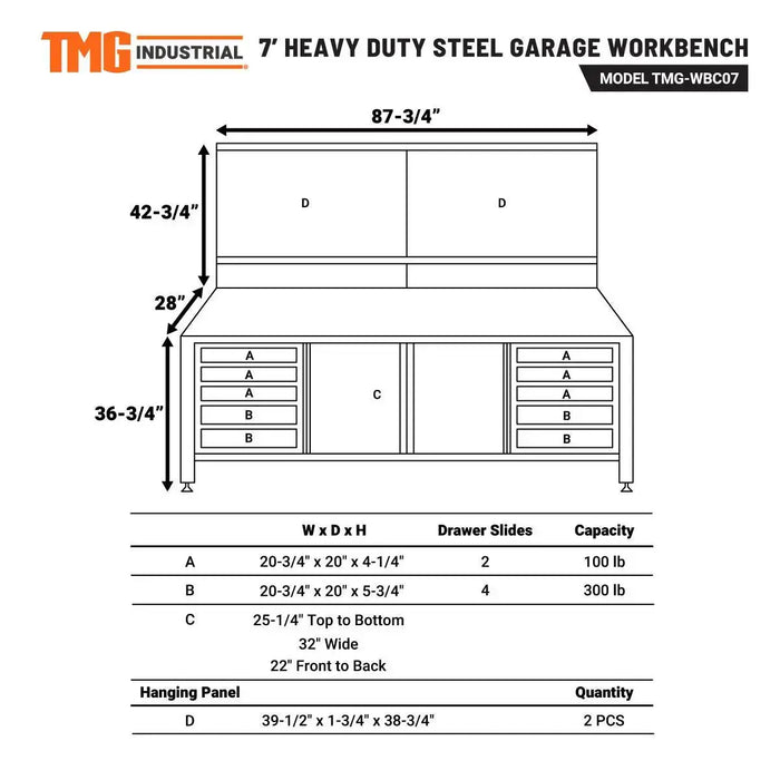 TMG Industrial 7’ Extreme Duty Steel Garage Workbench w/Pegboards, Adjustable Shelving, Power Outlets, USB Port, Magnetic Motion LED Lamps, TMG-WBC07-W