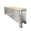 72" Stainless Steel Rolling Workbench, Rubberwood Tabletop, 15 Lockable Drawers, Locking Wheels, TMG-WB7215S