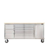 72" Stainless Steel Rolling Workbench, Rubberwood Tabletop, Lockable Drawers and Cabinet, Locking Wheels, TMG-WB7210S