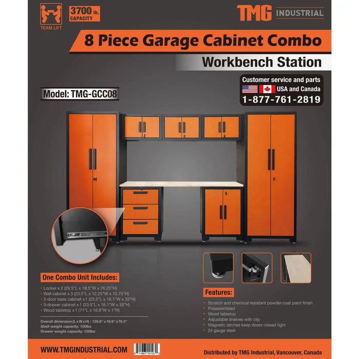 TMG Industrial 8-Piece Garage Storage Cabinet Combo Set, Fully-Welded, Pre-Sealed Wooden Tabletop, Workbench Station, Lockers, Adjustable Levelling, Matte Black Powder Coated Finish, TMG-GCC08