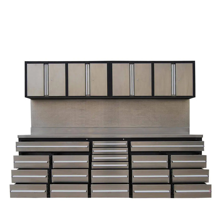 TMG Industrial Pro Series 10-FT 20 Drawer Stainless Steel Workbench Cabinet Combo, Stainless Steel Tabletop, Pegboard and Drawer Fronts, 20 Lockable Drawers, Wall-Mounted Cabinets, Adjustable Shelving, Fully All-in-one Welded Frame, TMG-WBC20DS
