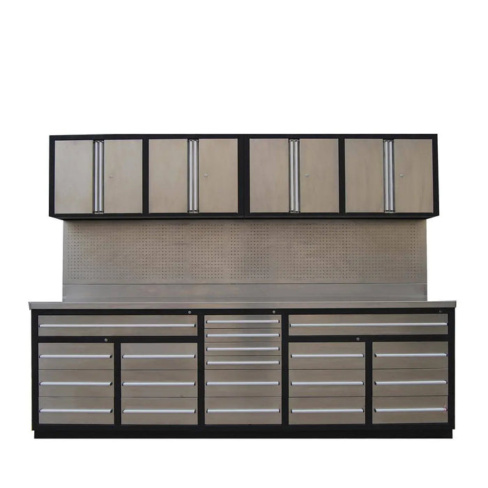 TMG Industrial Pro Series 10-FT 20 Drawer Stainless Steel Workbench Cabinet Combo, Stainless Steel Tabletop, Pegboard and Drawer Fronts, 20 Lockable Drawers, Wall-Mounted Cabinets, Adjustable Shelving, Fully All-in-one Welded Frame, TMG-WBC20DS